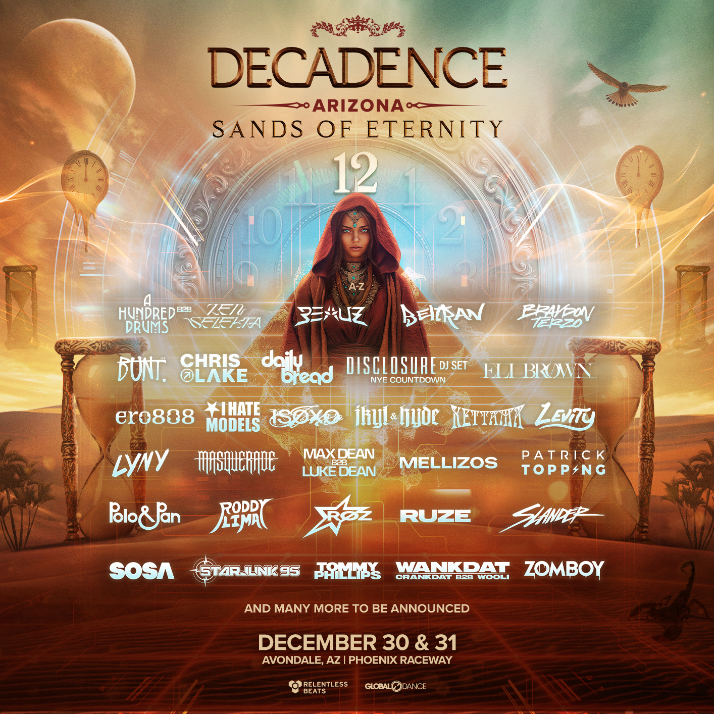 Official Decadence Arizona 2026 phase-two lineup poster; more artists to be announced