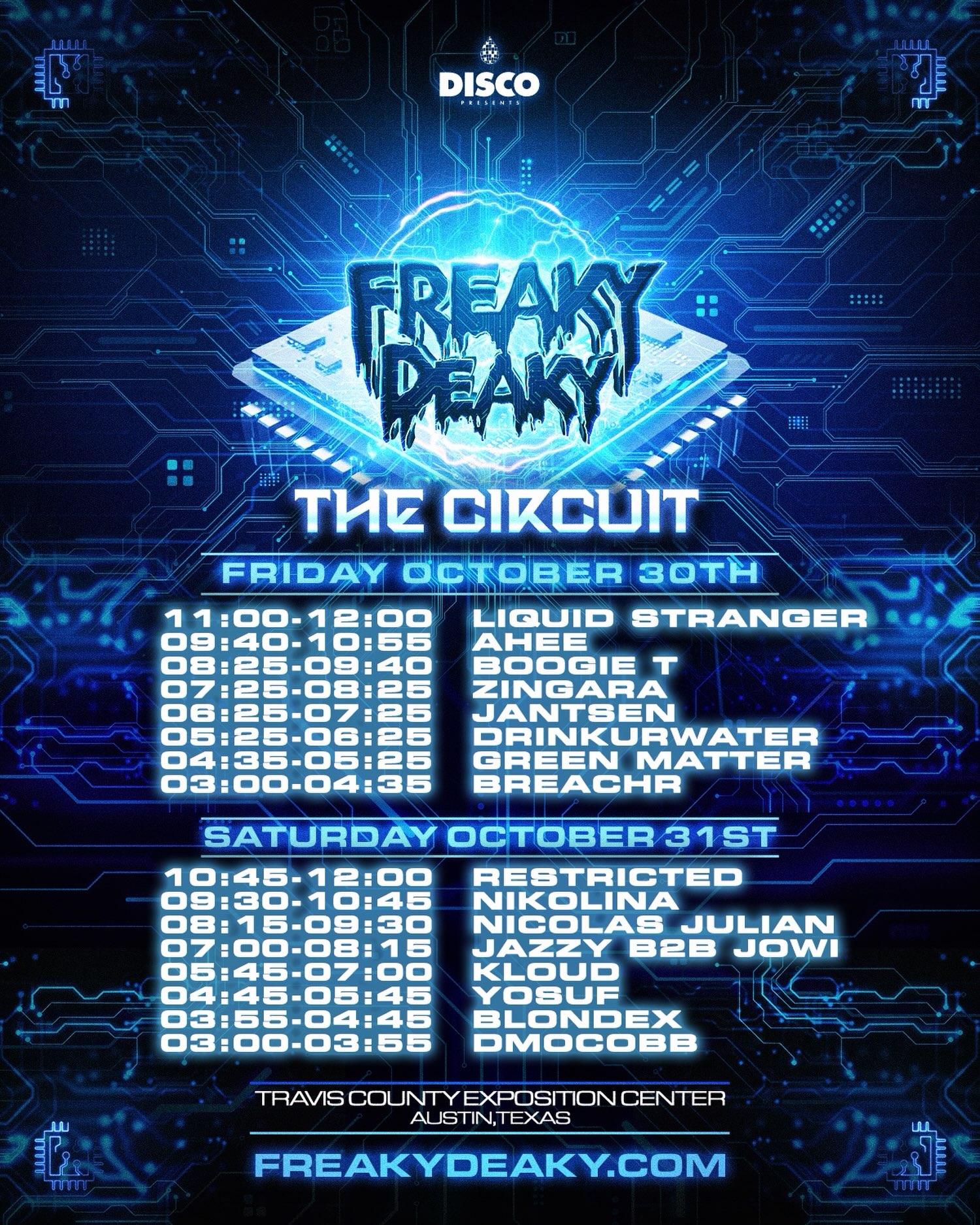 Freaky Deaky 2026 official set times - Official Freaky Deaky 2026 Circuit set times for Oct 30–31